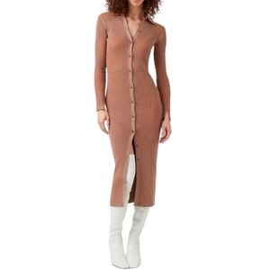 French Connection Tan Beige Mari Pleated Ribbed Cardigan Midi Dress Medium